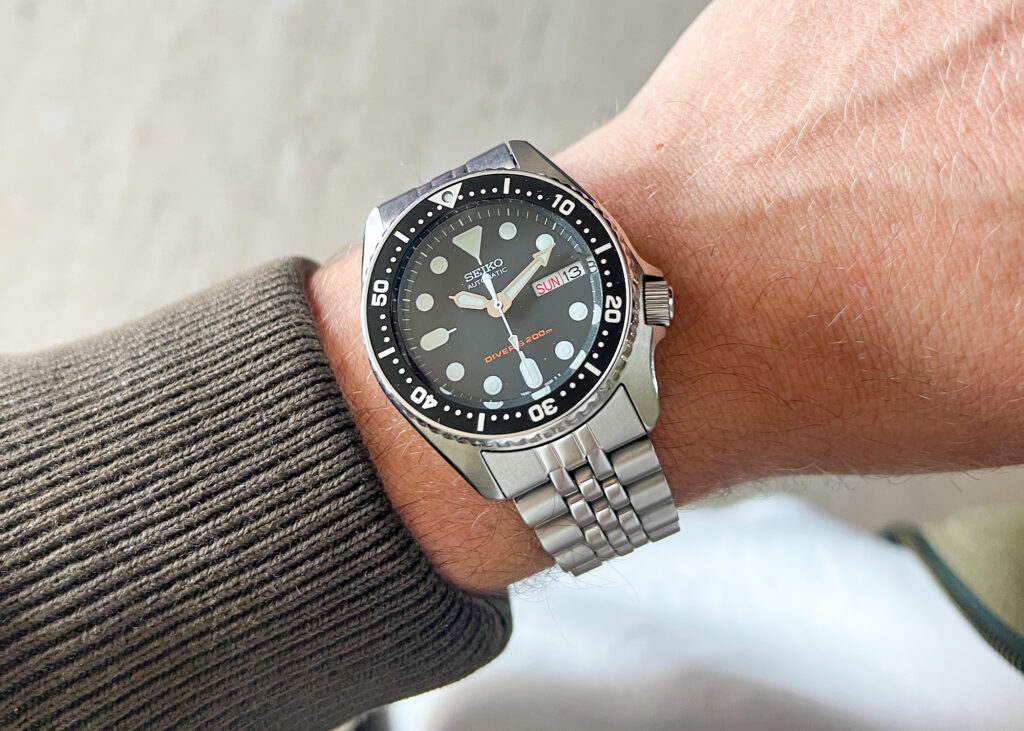 seiko skx013 dive watch on wrist