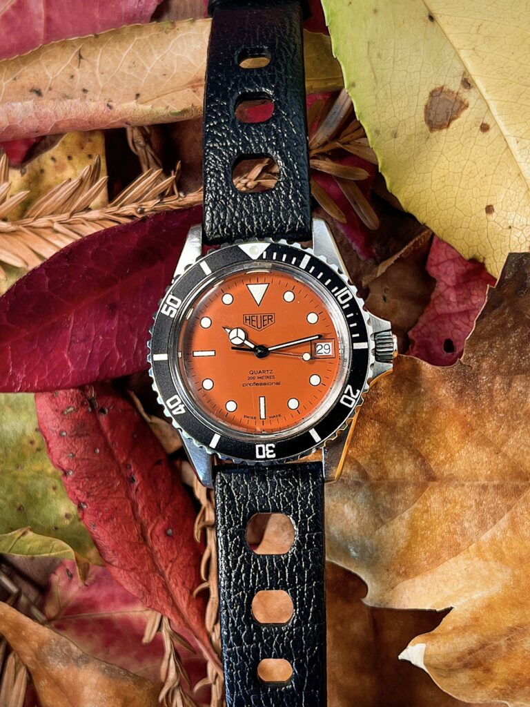 Orange Heuer 1000 Diver with tropic rally strap